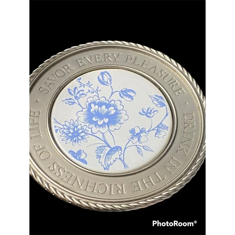 Hallmark Paper Weight Wine Coaster‎ Pewter Ceramic Savor Every Pleasure Phrase